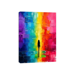 Colorful rainbow abstract painting with solitary silhouette and textured modern design