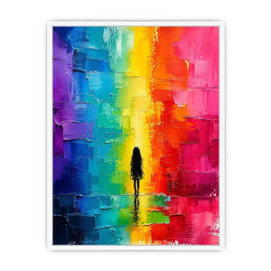 Colorful rainbow abstract painting with solitary silhouette and textured modern design