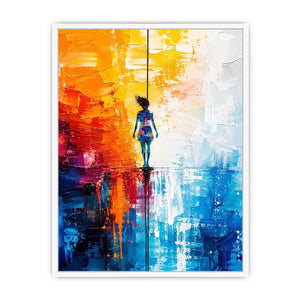 Modern abstract painting with colorful silhouette figure and vibrant textured background