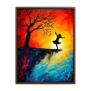 Whimsical abstract painting of dancing girl silhouette beneath tree with vibrant sunset colors