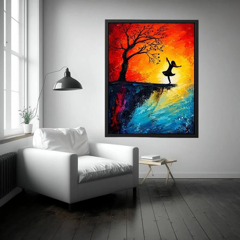 Whimsical abstract painting of dancing girl silhouette beneath tree with vibrant sunset colors