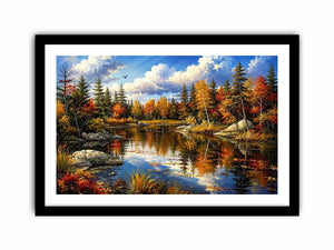 Peaceful autumn lake landscape painting with colorful trees and reflective water