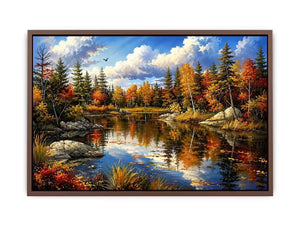 Peaceful autumn lake landscape painting with colorful trees and reflective water