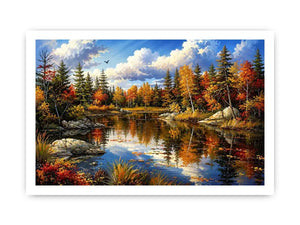Peaceful autumn lake landscape painting with colorful trees and reflective water