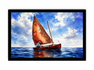 Peaceful watercolor sailboat painting floating on calm blue ocean waters