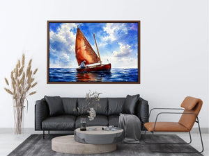 Peaceful watercolor sailboat painting floating on calm blue ocean waters