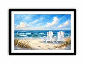White beach chairs overlooking calm ocean waves on a sandy coastal shoreline