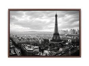 Black and white panoramic view of the Eiffel Tower overlooking the Paris cityscape