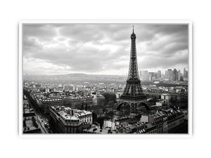 Black and white panoramic view of the Eiffel Tower overlooking the Paris cityscape