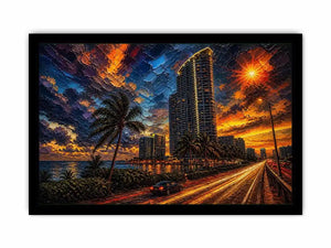 Miami skyline sunset with palm trees and glowing highway light trails