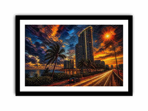 Miami skyline sunset with palm trees and glowing highway light trails