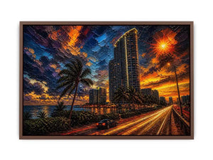 Miami skyline sunset with palm trees and glowing highway light trails