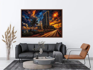 Miami skyline sunset with palm trees and glowing highway light trails