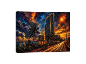 Miami skyline sunset with palm trees and glowing highway light trails