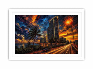 Miami skyline sunset with palm trees and glowing highway light trails