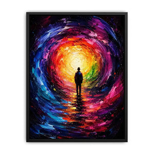 Silhouette figure standing before a glowing colorful abstract cosmic portal