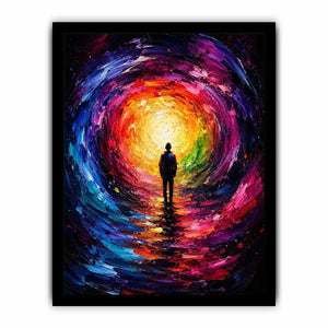 Silhouette figure standing before a glowing colorful abstract cosmic portal