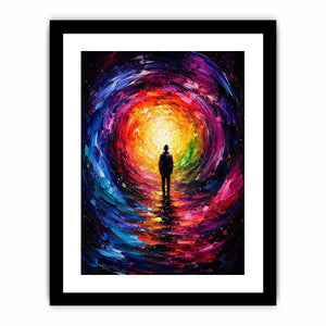 Silhouette figure standing before a glowing colorful abstract cosmic portal