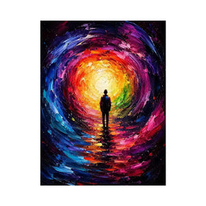Silhouette figure standing before a glowing colorful abstract cosmic portal