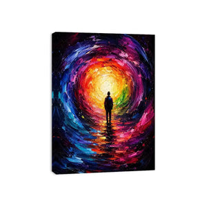 Silhouette figure standing before a glowing colorful abstract cosmic portal