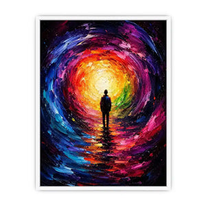 Silhouette figure standing before a glowing colorful abstract cosmic portal