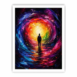 Silhouette figure standing before a glowing colorful abstract cosmic portal