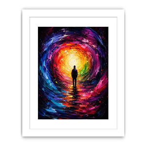 Silhouette figure standing before a glowing colorful abstract cosmic portal