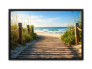 Wooden beach boardwalk leading through coastal dunes toward the ocean shoreline