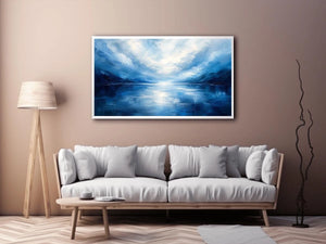 Blue abstract ocean painting with soft horizon and calming textures