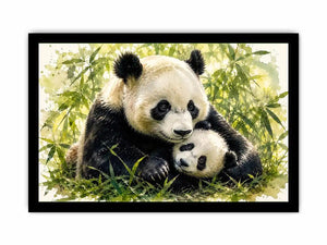 Watercolor painting of a mother panda cuddling a baby panda among bamboo leaves