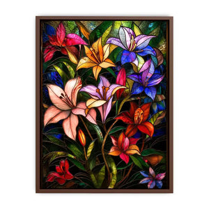 Colorful stained glass style artwork featuring vibrant lilies and tropical flowers surrounded by lush green leaves