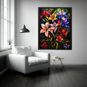Colorful stained glass style artwork featuring vibrant lilies and tropical flowers surrounded by lush green leaves
