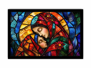 Colorful stained glass style artwork featuring a loving mother gently embracing her sleeping child