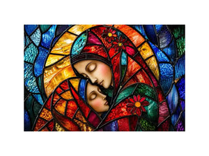 Colorful stained glass style artwork featuring a loving mother gently embracing her sleeping child