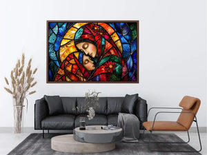 Colorful stained glass style artwork featuring a loving mother gently embracing her sleeping child