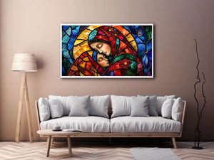 Colorful stained glass style artwork featuring a loving mother gently embracing her sleeping child
