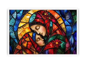 Colorful stained glass style artwork featuring a loving mother gently embracing her sleeping child