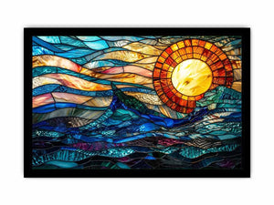 Abstract stained glass style artwork featuring glowing sunlight above flowing blue ocean waves