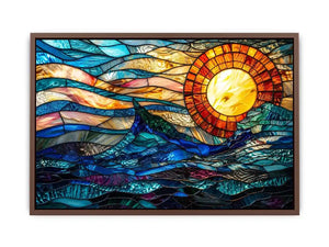 Abstract stained glass style artwork featuring glowing sunlight above flowing blue ocean waves