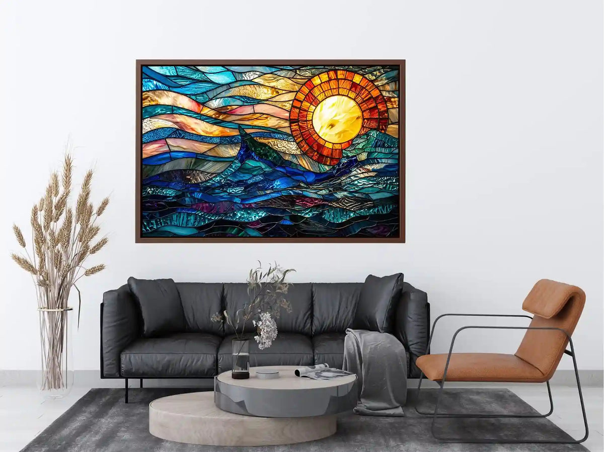 Abstract stained glass style artwork featuring glowing sunlight above flowing blue ocean waves