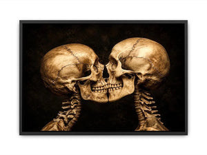 Dark gothic artwork featuring two human skeletons facing each other in an intimate kiss