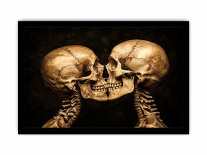 Dark gothic artwork featuring two human skeletons facing each other in an intimate kiss