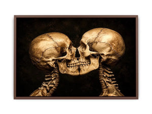 Dark gothic artwork featuring two human skeletons facing each other in an intimate kiss