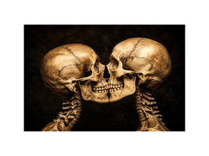 Dark gothic artwork featuring two human skeletons facing each other in an intimate kiss