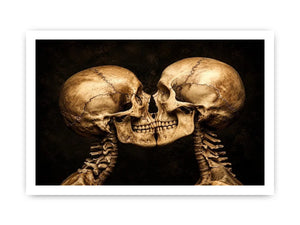 Dark gothic artwork featuring two human skeletons facing each other in an intimate kiss