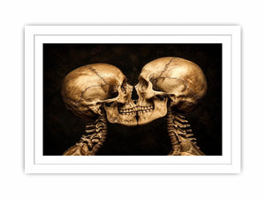 Dark gothic artwork featuring two human skeletons facing each other in an intimate kiss