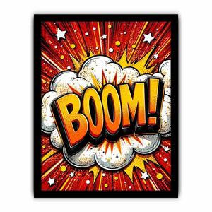 Colorful comic book style artwork featuring the word BOOM inside a bright explosive pop art design