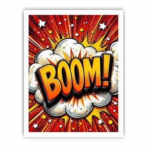Colorful comic book style artwork featuring the word BOOM inside a bright explosive pop art design