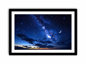 Peaceful night sky artwork featuring a crescent moon glowing among countless stars and deep blue clouds