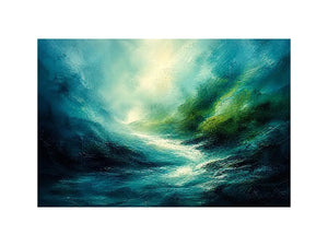 Green abstract landscape painting with flowing textures and luminous depth